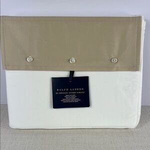 Ralph Lauren Organic Sateen Border Queen Flat Sheet Coastal Sand 96 x 108 NEW